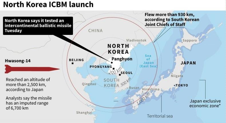 Updated map showing the site of a North Korean missile launch Tuesday, according to South Korean military.