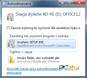 Okno autoodtwarzania nośnika instalacyjnego MS Office 2007