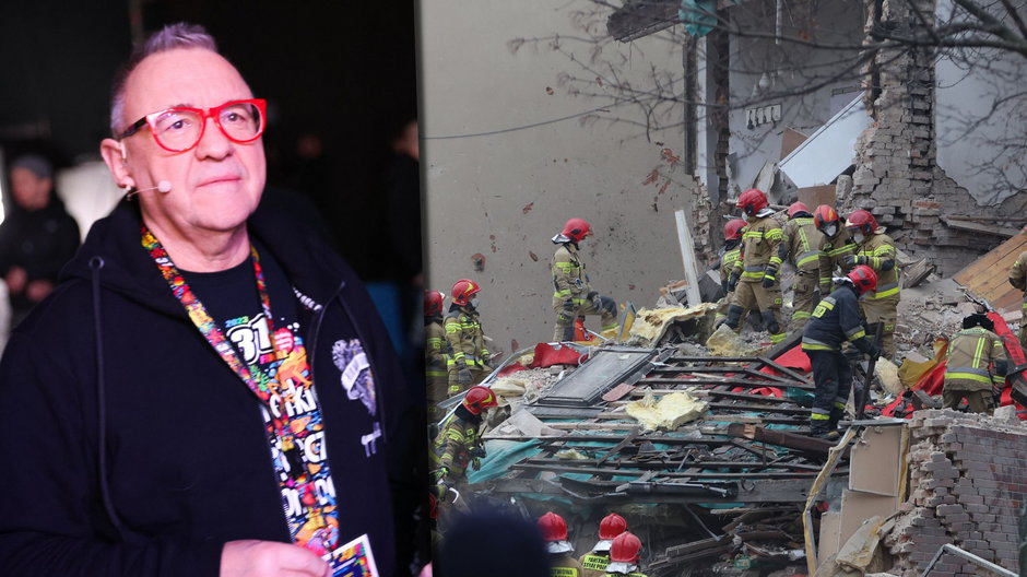 Jerzy Owsiak i akcja ratownicza w miejscu wybuchu gazu w trzypiętrowej kamienicy w Katowicach-Szopienicach