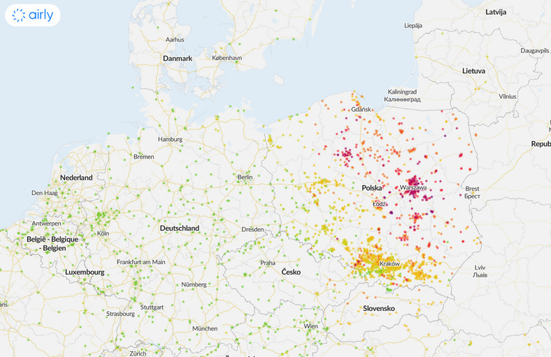 Mapka zanieczyszczeń powietrza w Polsce Airly