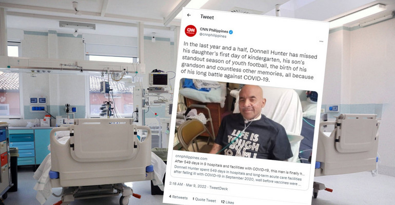 Mężczyzna zachorował na COVID-19 we wrześniu 2020 r. Przez półtora roku wracał do zdrowia (Fot. Twitter/@cnnphilippines)