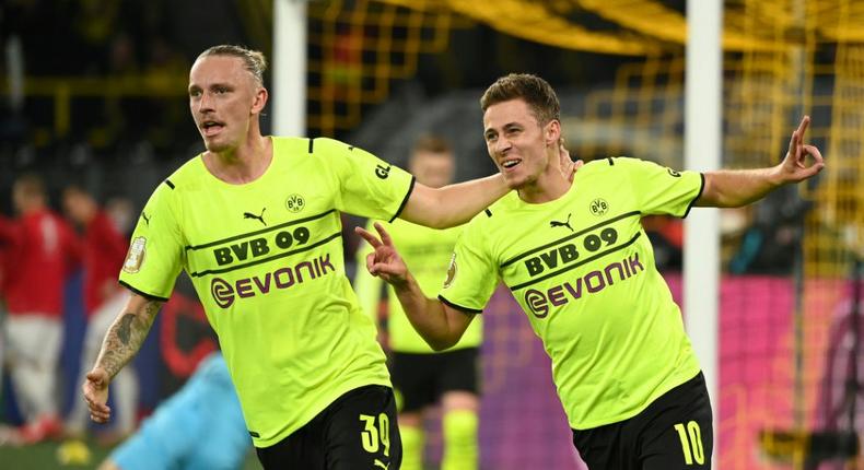 Thorgan Hazard (R) celebrates scoring for Dortmund on Tuesday in the German Cup Creator: Ina Fassbender