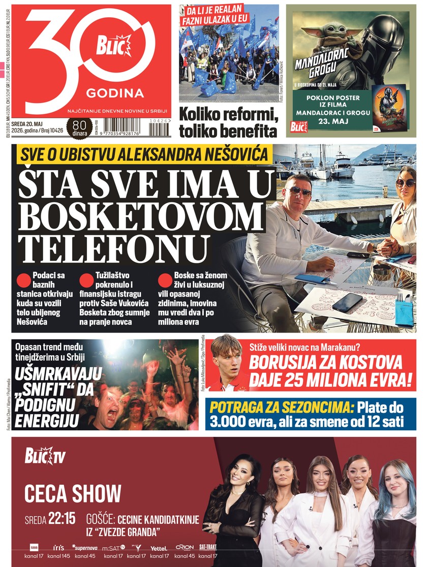 Blic naslovna strana za 20.5.