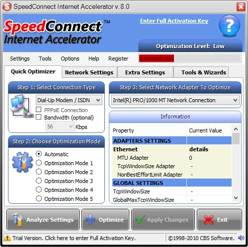 Główne okno programu do optymalizacji łącza internetowego - SpeedConnect Internet Accelerator