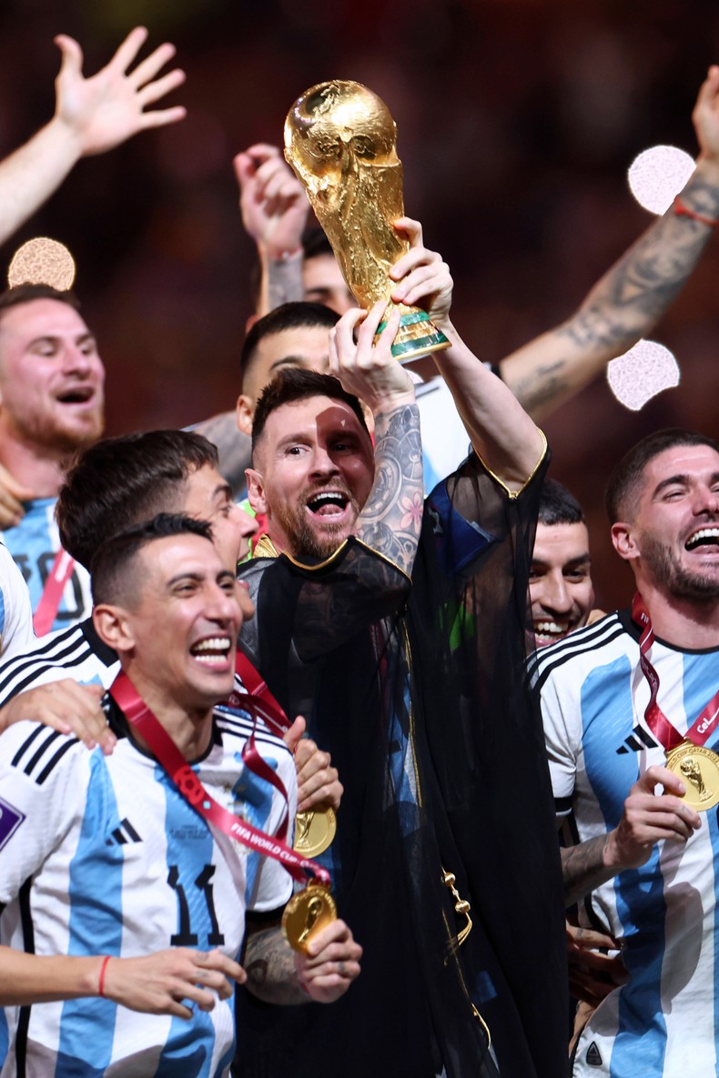 Lionel Messi of Argentina lifts the World Cup trophy on December 18, 2022.