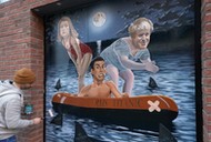 Mural w Belfaście przedstawiający trzech ostatnich premierów – Borisa Johnsona, Liz Truss i Rishiego Sunaka