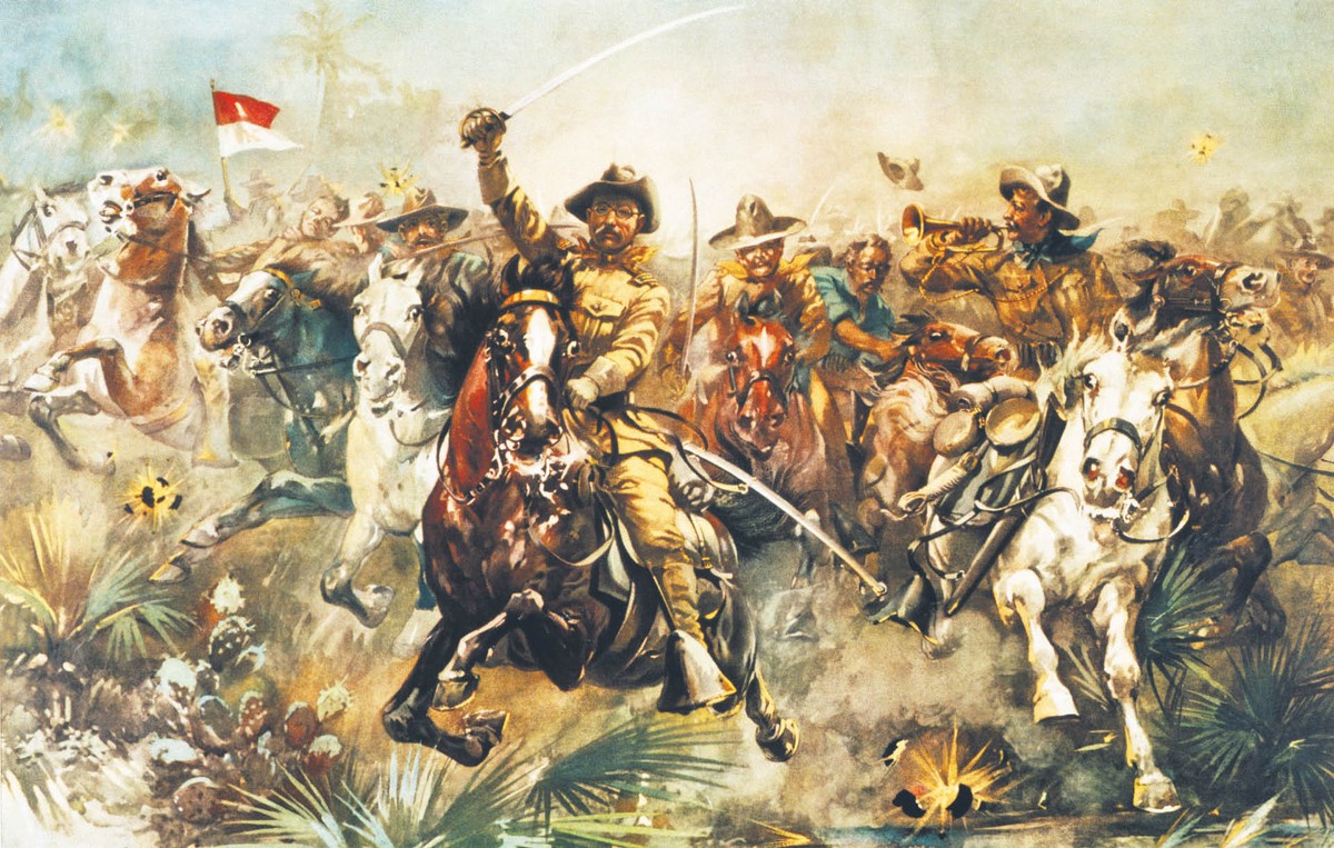 Ilustracja przedstawiająca Theodore'a Roosevelta na czele Rough Riders podczas zdobywania wzgórza San Juan