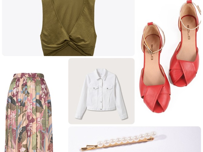 Teksas jakna „Mango“, suknja „Tiffany“, top „Zara“, šnale „P…. S…. fashion“, cipele „Solo“
