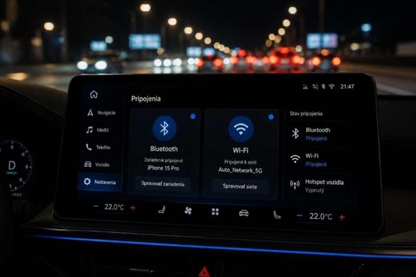 Detail infotainment obrazovky moderného auta so zobrazením Bluetooth a Wi-Fi pripojení, v pozadí rozmazaná premávka na nočnej ceste.