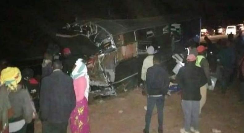 The scene of the crash where 11 people perished after a bus they were travelling was involved in an accident along the Meru-Nanyuki road on October 08