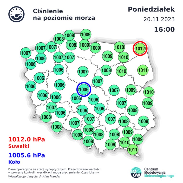 Ciśnienie atmosferyczne w poniedziałek po południu wynosi ok. 1006-1012 hPa