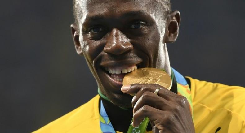 Gold medallist Usain Bolt pictured on the podium at the Rio 2016 Olympics