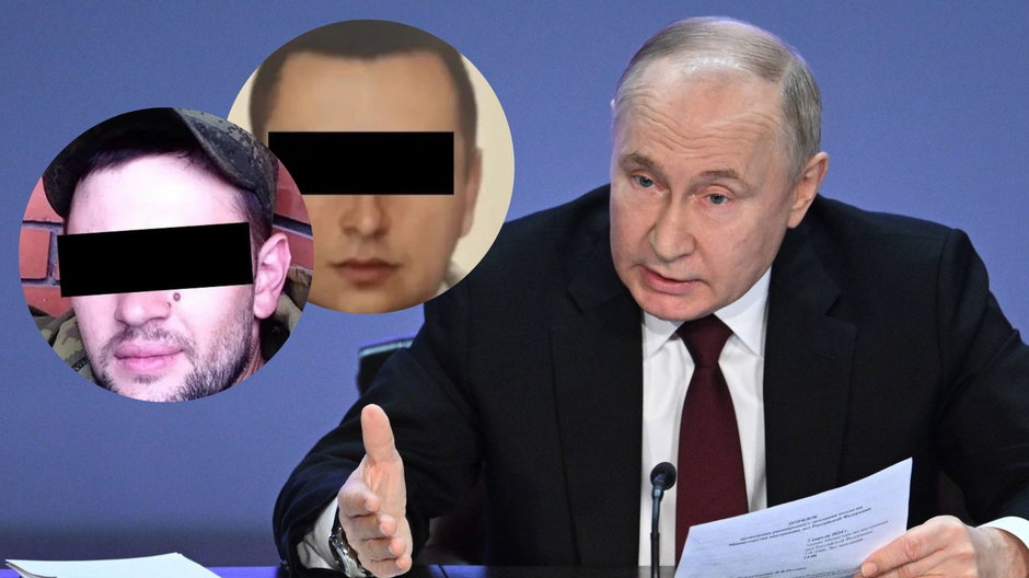 Prezydent Rosji Władimir Putin. W kółkach zatrzymani w Niemczech szpiedzy - Dieter S. (po lewej) oraz Alexander J. (po prawej)
