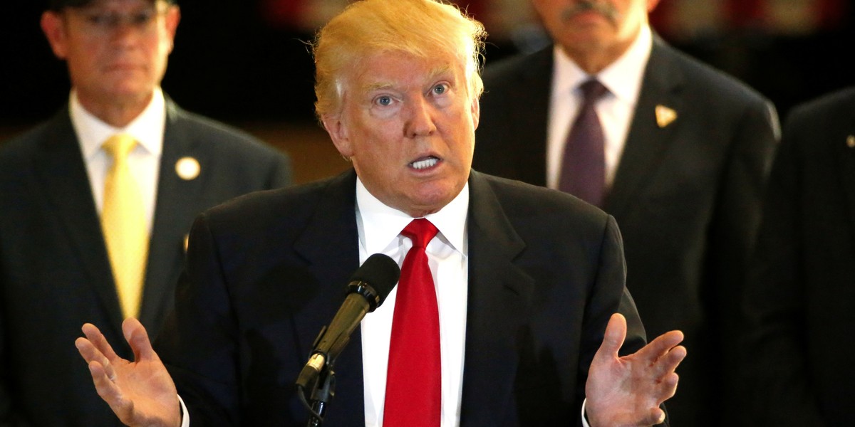 Donald Trump gestures during a news conference at Trump Tower in Manhattan, New York, U.S., May 31, 2016.