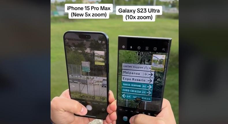 iPhone 15 Pro Max users are ecstatic over the phone camera's 5x zoom-in abilities, but Samsung fans say the S23 Ultra blows it out of the water.@Tuttotech.net/TikTok