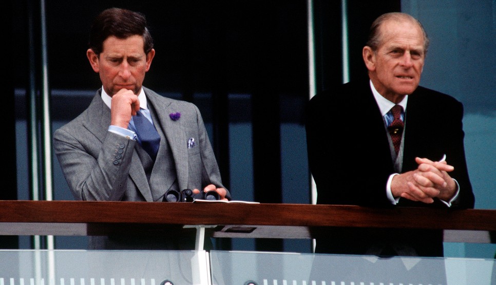 Prince Philip [duke Of Edinburgh] And Prince Charles [prince Of Wales] Together On The Balcony Watching The Racing At The Derby Held At Epsom In Surrey.