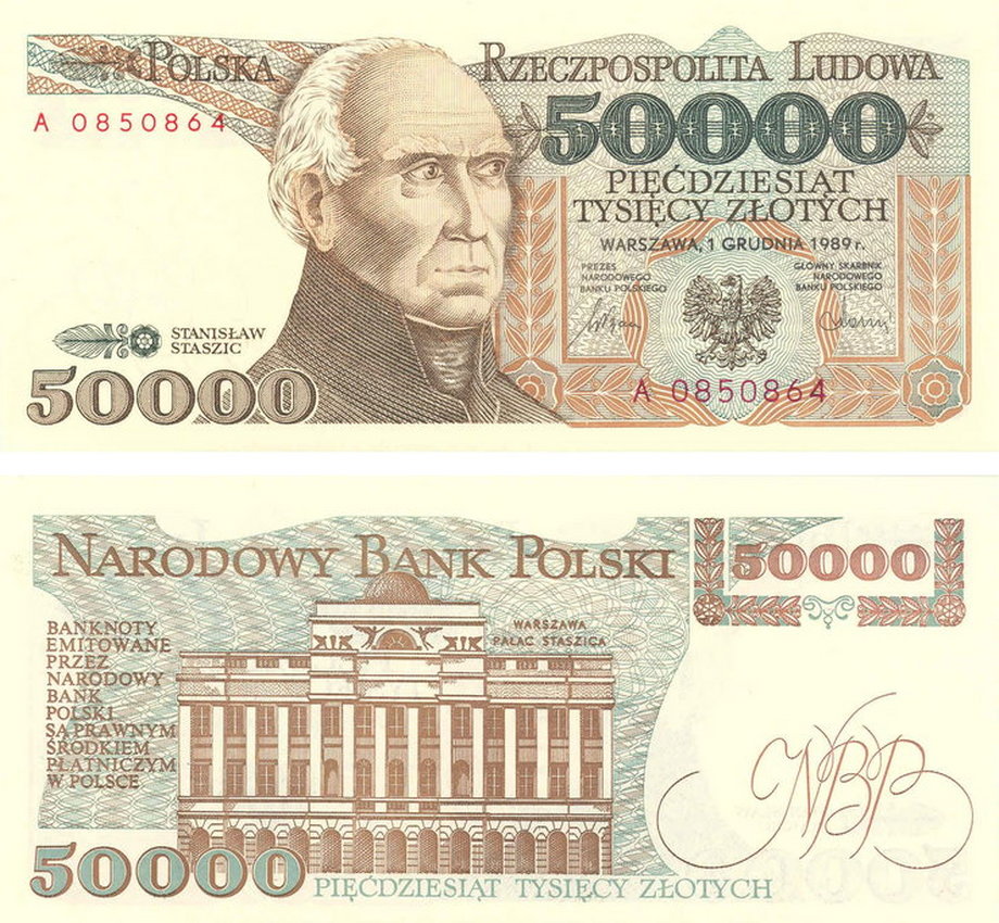 Banknot 50 000 zł (dziś: 5 zł) ozdobiony był wizerunkiem Stanisława Staszica, a na rewersie warszawskim Pałacem Staszica
