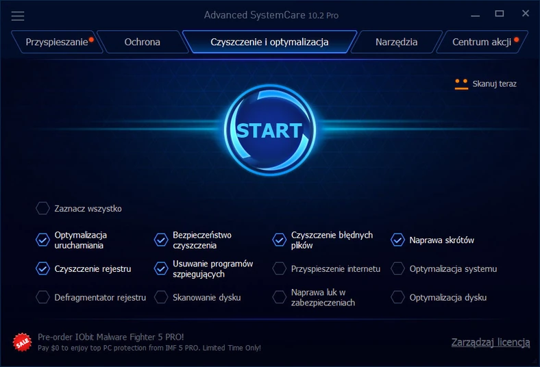 Główne okno programu do optymalizacji i oczyszczania systemu Windows - Advanced SystemCare Pro