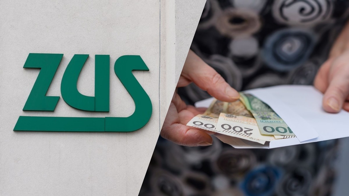 Napis ZUS i kobieta trzymająca w dłoni pieniądze - banknoty 100 i 200 zł