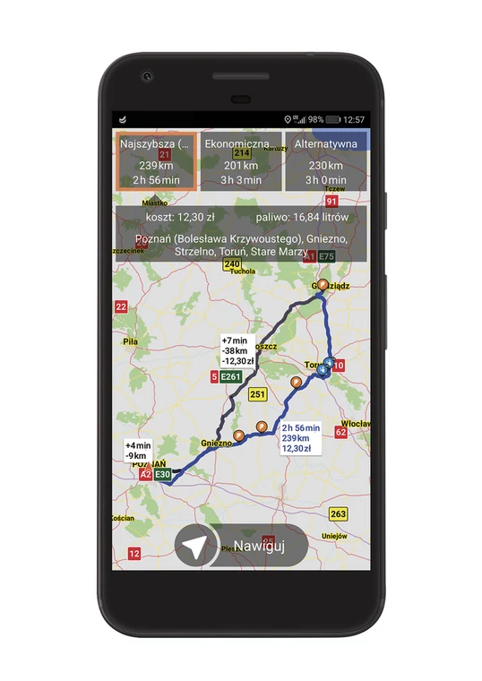Przed wyruszeniem w drogę możemy porównać na mapie różne trasy prowadzące do wskazanego celu. Aplikacja NaviExpert wyświetla informacje o przebiegu 
i długości trasy, szacowanym czasie dotarcia na miejsce czy kosztach 
przejazdów autostradą. 
