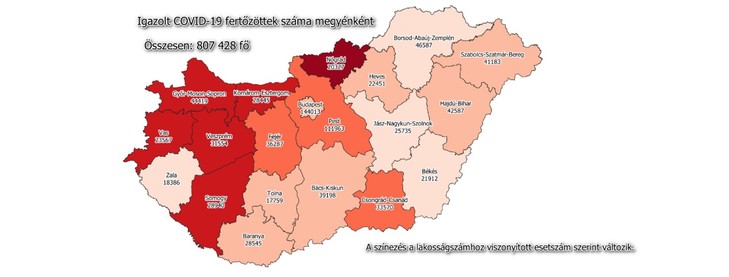 Igazolt Covid-19 fertőzöttek száma megyénként / Fotó: koronavirus.gov.hu