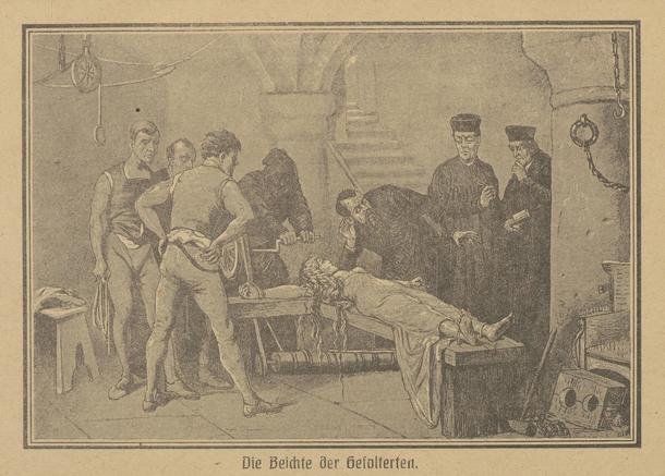 Praca Carla Lempensa, przedstawiająca torturowanie podejrzanej o czary, 1839 r.