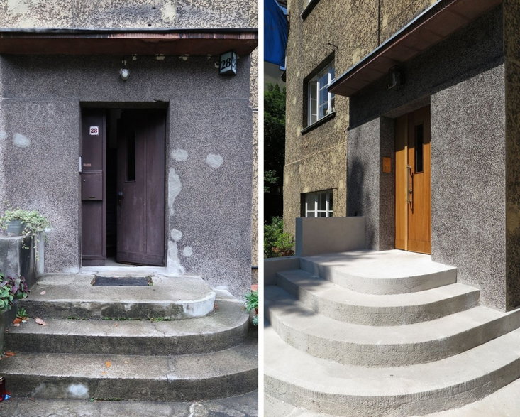 Drzwi do budynku przy ul. Olsztyńskiej 28 przed i po pracach konserwatorskich