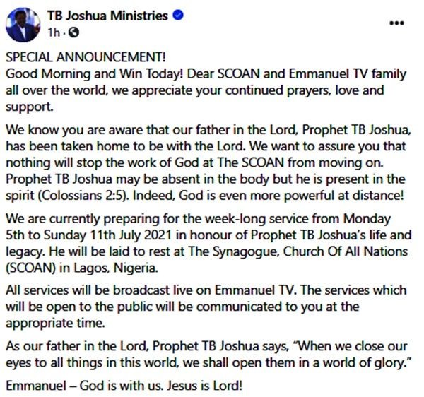 T.B Joshua Ministries announces the late prophet’s funeral arrangements and burial place