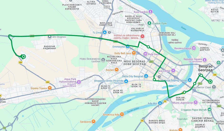 Trasa linije A1 u smeru ka aerodromu Nikola Tesla