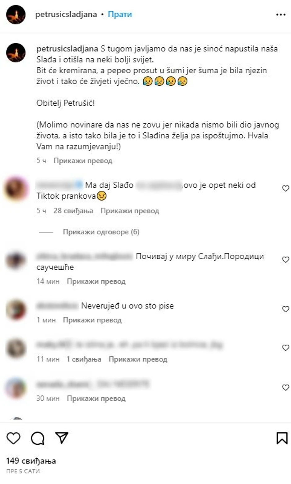 Fanovi ne veruju u vest o smrti Slađane Petrušić