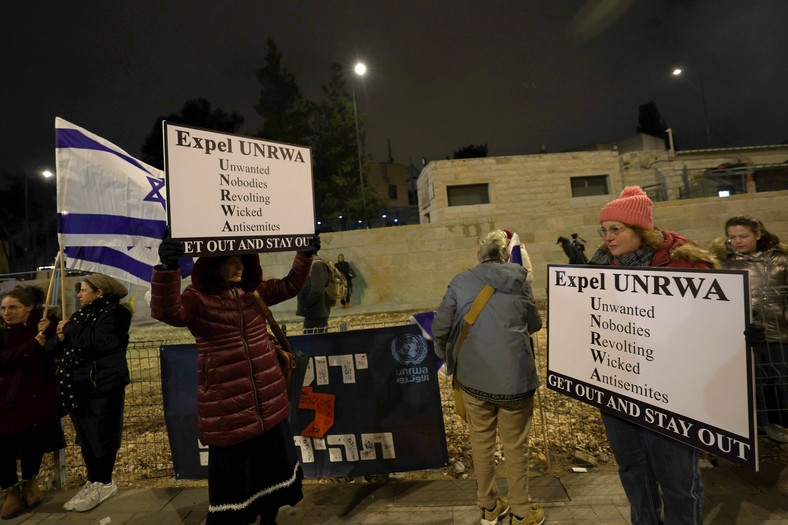 Izraelska prawica domaga się wyrzucenia UNRWA z Palestyny. Protest w Jerozolimie, 5 lutego 2024 r.