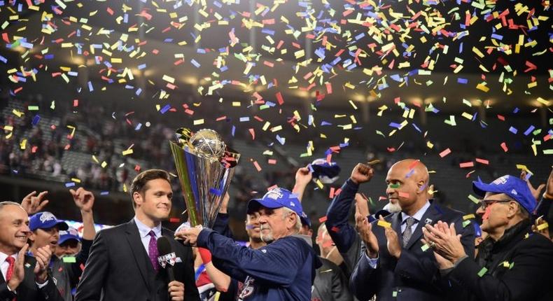 Jim Leyland, manager of team United States, accepts the trophy after their 8-0 win over team Puerto Rico in the 2017 World Baseball Classic