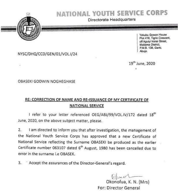 NYSC Issues New Certificate To Obaseki