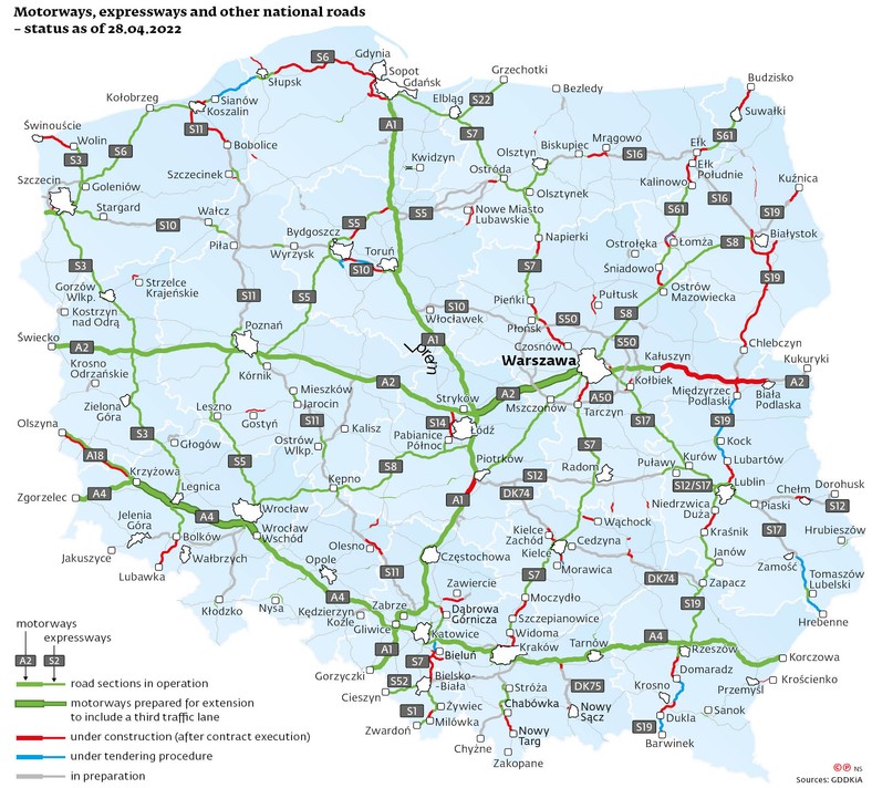 Motorways, expressways and other national roads - status as of 28.04.2022