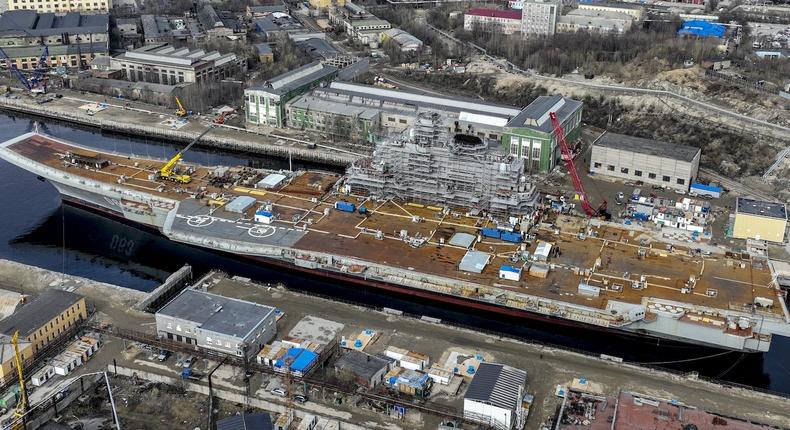 Russian aircraft carrier Admiral Kuznetsov in Murmansk in May 2022.Semen Vasileyev/Anadolu Agency via Getty Images
