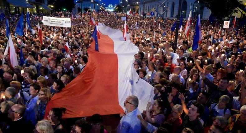 Protesters demonstrate in Warsaw against reforms to the court system on July 20, 2017