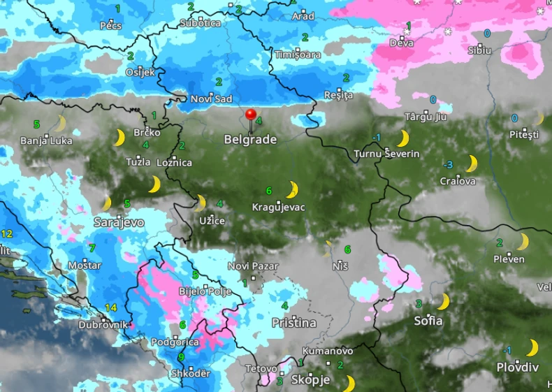Mapa kretanja padavina u subotu u 1 čas
