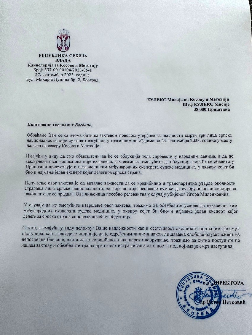 U zahtevu EULEKS-u Srbija, između ostalog, traži da obdukciju tela ubijenih Srba sprovodi nezavisan ekspertski tim