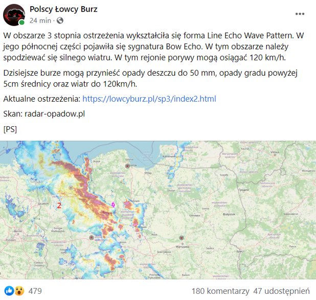 Post Łowców Burz na Facebooku