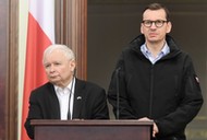 Kijów, Ukraina, 15.03.2022. Premier RP Mateusz Morawiecki oraz wicepremier Jarosław Kaczyński wzięli udział w konferencji prasowej po spotkaniu premierów państw UE w Kijowie.