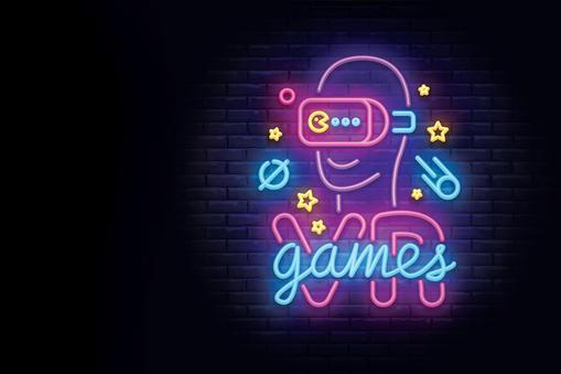Video Games logos collection neon sign Vector design template. Conceptual Vr games, Retro Game night logo in neon style, gamepad in hand, modern trend design, light banner. Vector illustration