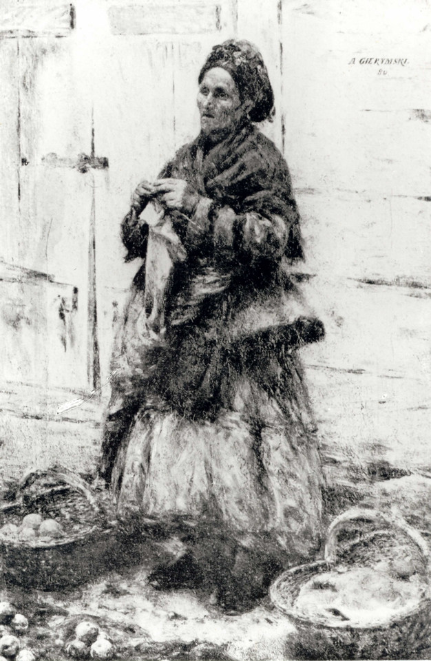 Aleksander Gierymski - "Żydówka sprzedająca owoce" (1880 r.). Obraz do dzisiaj nie został odnaleziony, przed wojną należał do Sobańskiej Kazimierzowej