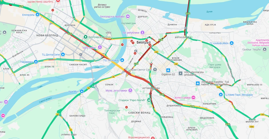 Mapa gužvi u Beogradu