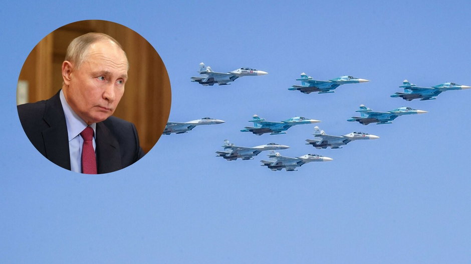Rosyjskie myśliwce Su-35S, Su-34 i Su-30SM lecą nad Kremlem w Moskwie, 9 maja 2021 r.; Prezydent Rosji Władimir Putin w Czelabińsku w Rosji, 16 lutego 2024 r. (zdjęcie ilustracyjne)