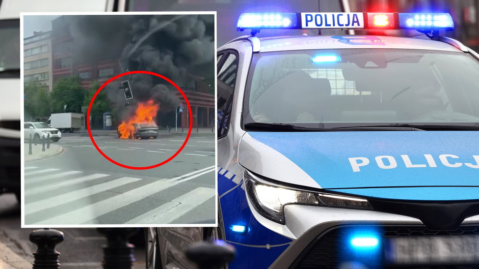 Samochód spłonął na środku skrzyżowania w Warszawie. Mamy nagranie