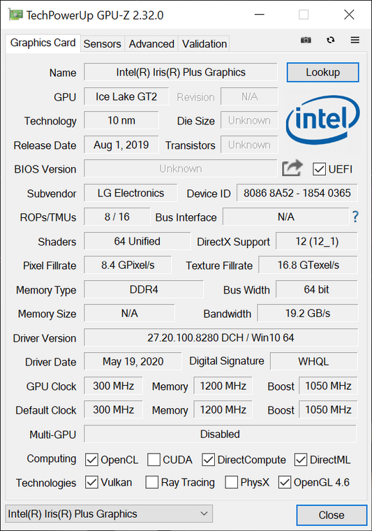 LG Gram 14 (2020) – GPU-Z – Iris Plus Graphics 940 