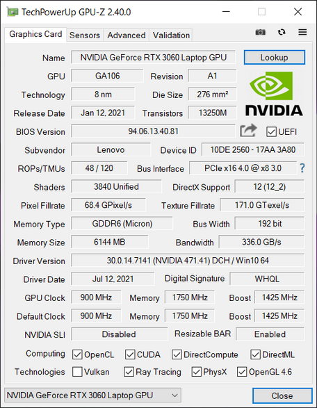 Lenovo Legion 5 15″ (15ACH6H) – GPU-Z – specyfikacja Nvidia GeForce RTX 3060 Laptop GPU [130W]