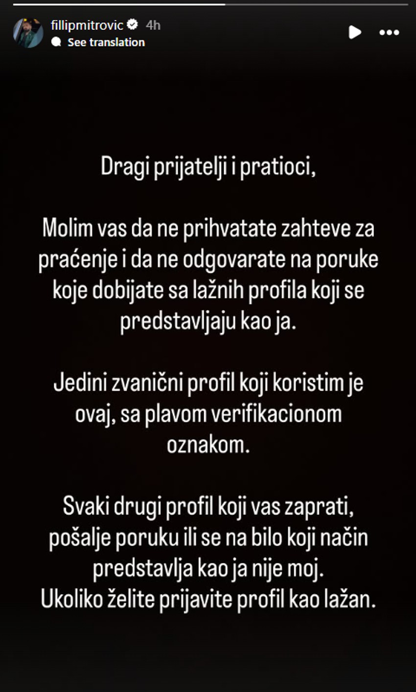 Objava Filipa Mitrovića