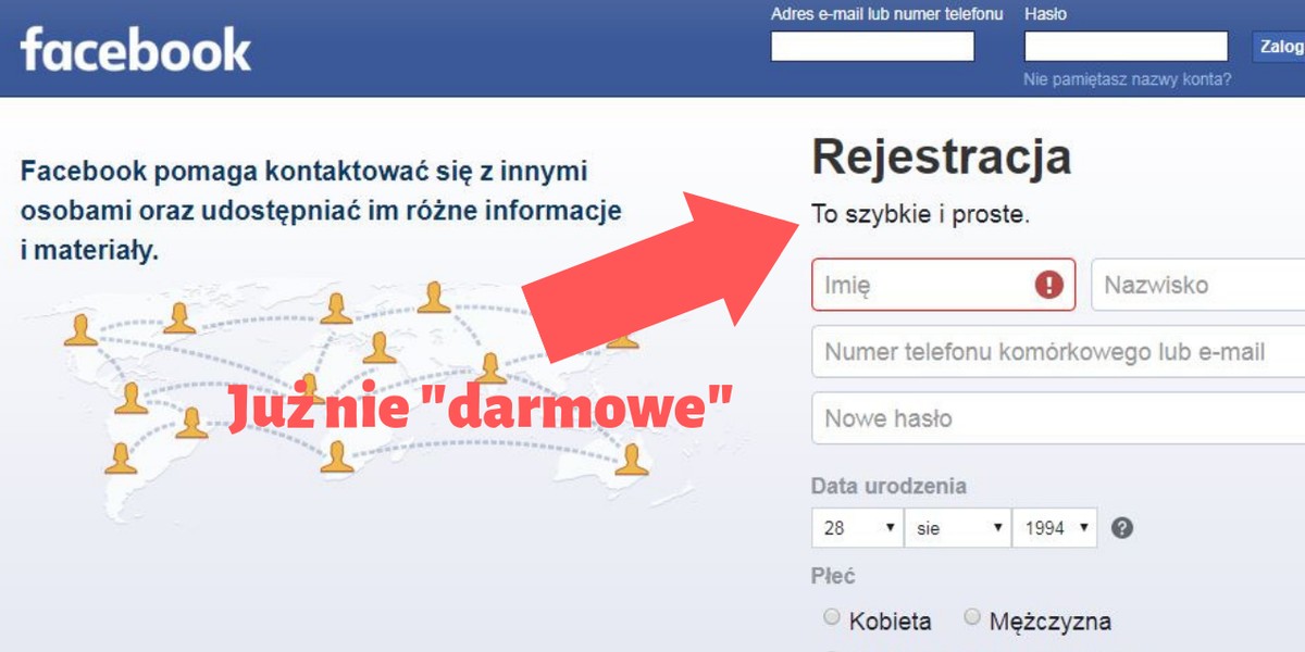 Facebook zmienił swój slogan, który pojawia się na stronie rejestracji. Teraz firma nie sugeruje już, że założenie konta jest darmowe.