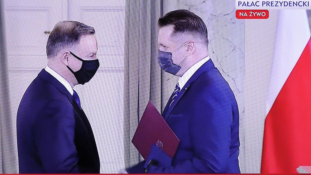 Przemysław Czarnek i Andrzej Duda podczas zaprzysiężenia